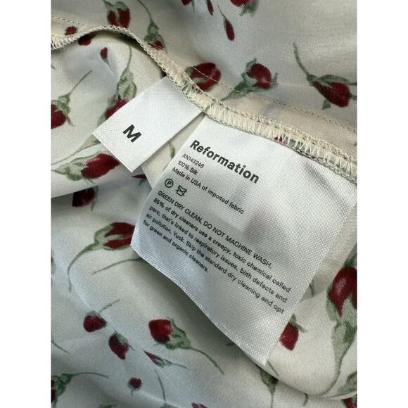 Reformation Cream Silk Mini Wrap Dress Rose Print Puff Sleeve V-Neck Size M - Picture 10 of 11